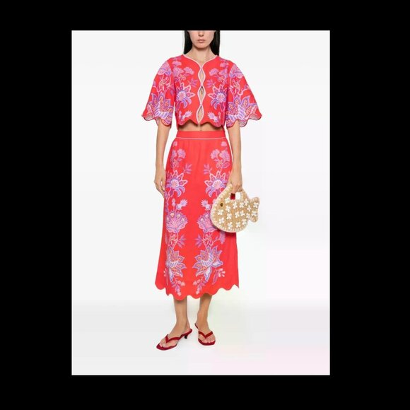 Farm Rio Porcelain Garden Euroflax Premium Linen Embroidered Scallop-Hem Skirt - Picture 1 of 16